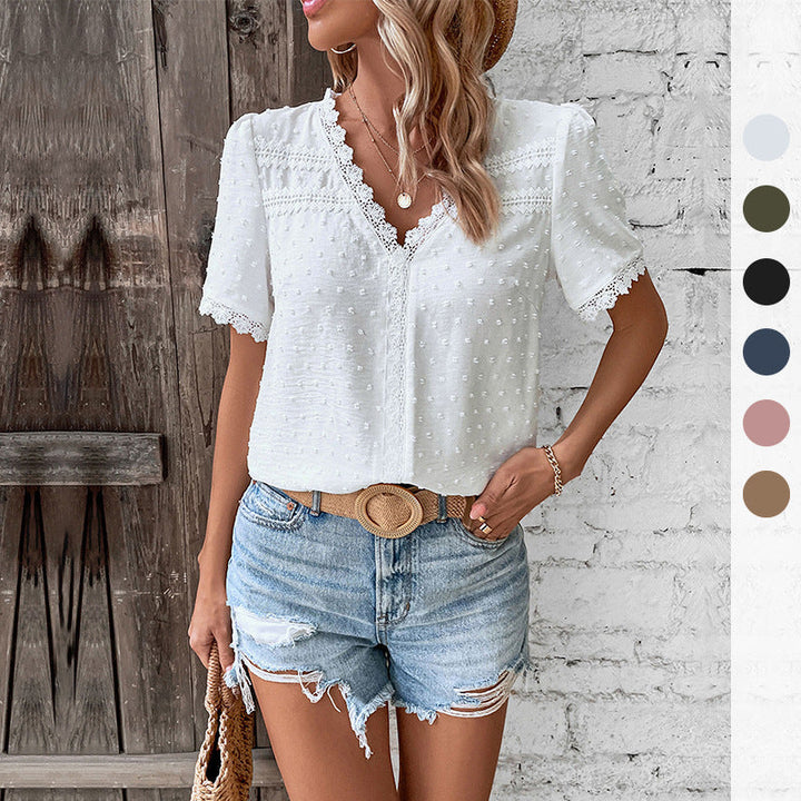 Damen Kurzarmbluse mit Spitzenbesatz und strukturiertem Design W&W Mode