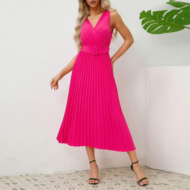 Damen Plissee Maxikleid mit taillierbarem Gürtel und elegantem V-Ausschnitt W&W Mode