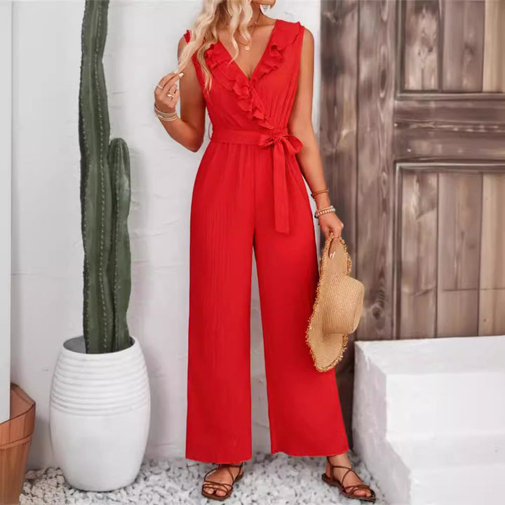 Damen eleganter Jumpsuit mit Rüschendetails und Taillengürtel W&W Mode