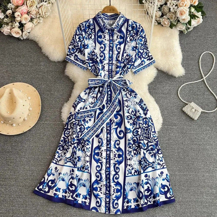 Damen Hemdkleid mit floralem Druck und taillierbarem Bindegürtel W&W Mode
