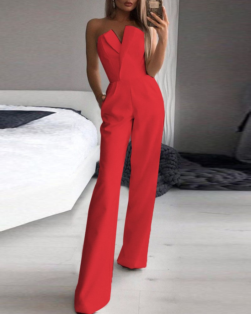Damen Jumpsuit mit asymmetrischem Revers, taillierter Passform und weitem Bein