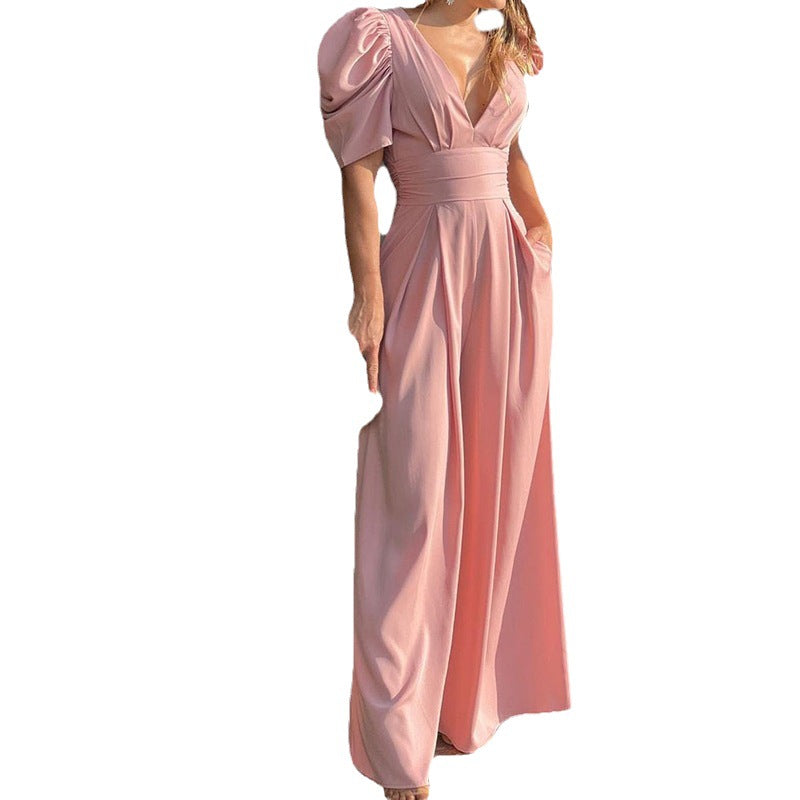 Damen Elegantes Jumpsuit mit voluminösen Puffärmeln und tiefem V-Ausschnitt W&W Mode