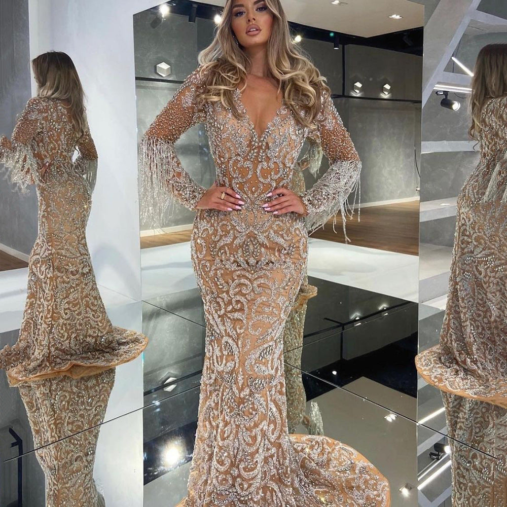 W&W Mode | Meerjungfrau Pailletten Fransen Elegantes Langes Kleid