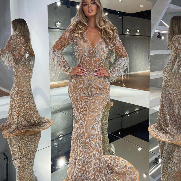 W&W Mode | Meerjungfrau Pailletten Fransen Elegantes Langes Kleid
