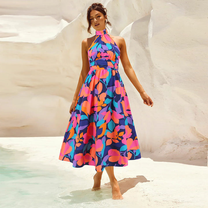 Damen Maxikleid mit hochgeschlossenem Kragen und buntem Blätterdruck W&W Mode