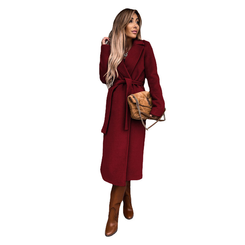 Damen eleganter Wolle-Mantel mit tailliertem Schnitt und Gürtel W&W Mode