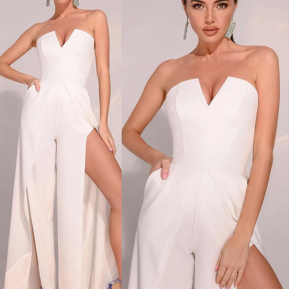 Damen Elegantes Trägerloses Jumpsuit mit weit ausgestellten Beinen und Taschen W&W Mode