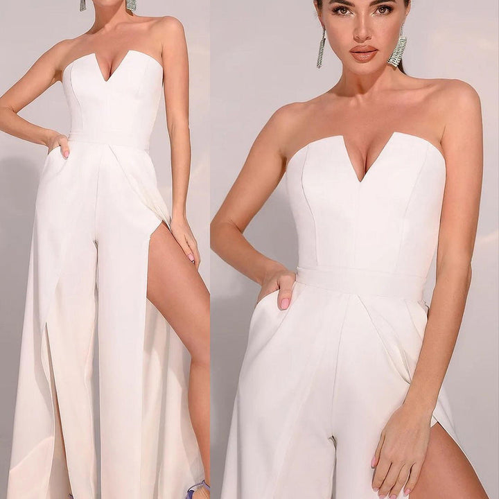 Damen Elegantes Trägerloses Jumpsuit mit weit ausgestellten Beinen und Taschen W&W Mode