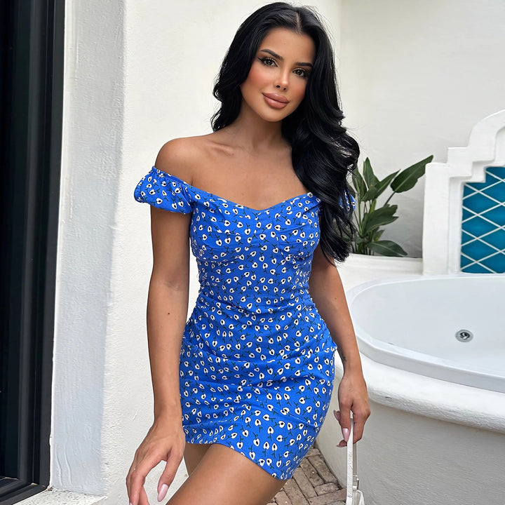 Damen Blütenmuster Mini-Kleid mit Puffärmeln W&W Mode