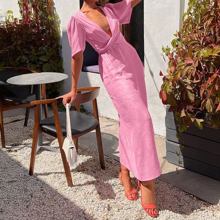 Damen Maxikleid mit tiefem V-Ausschnitt und Puffärmeln W&W Mode