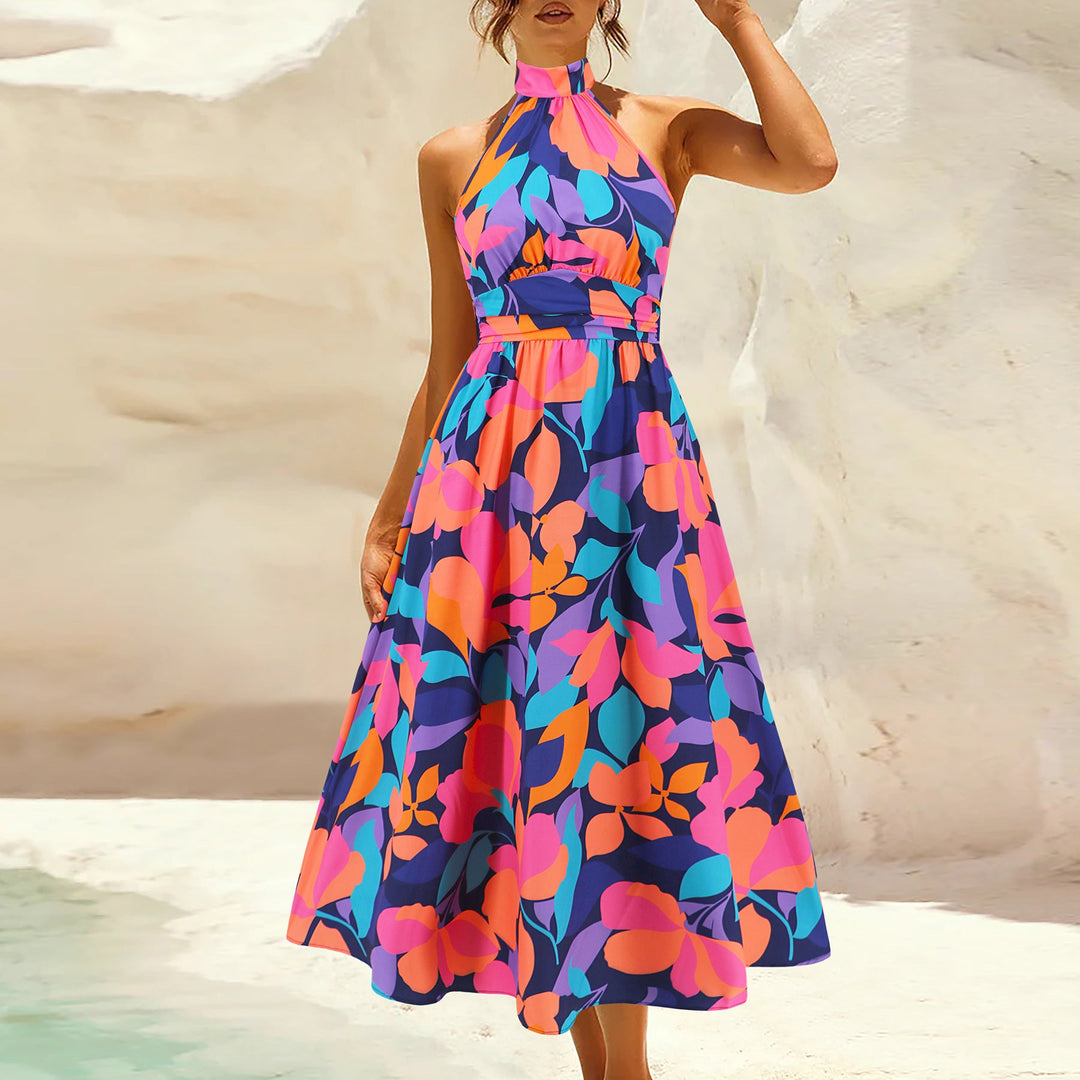 Damen Maxikleid mit hochgeschlossenem Kragen und buntem Blätterdruck W&W Mode