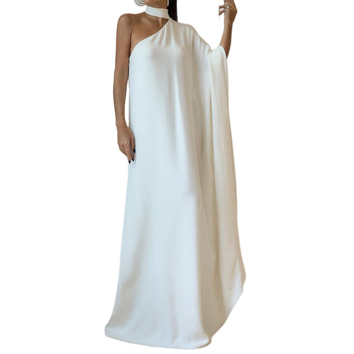 Damen elegantes One-Shoulder Abendkleid mit fließendem Stoff und schickem Kragen W&W Mode