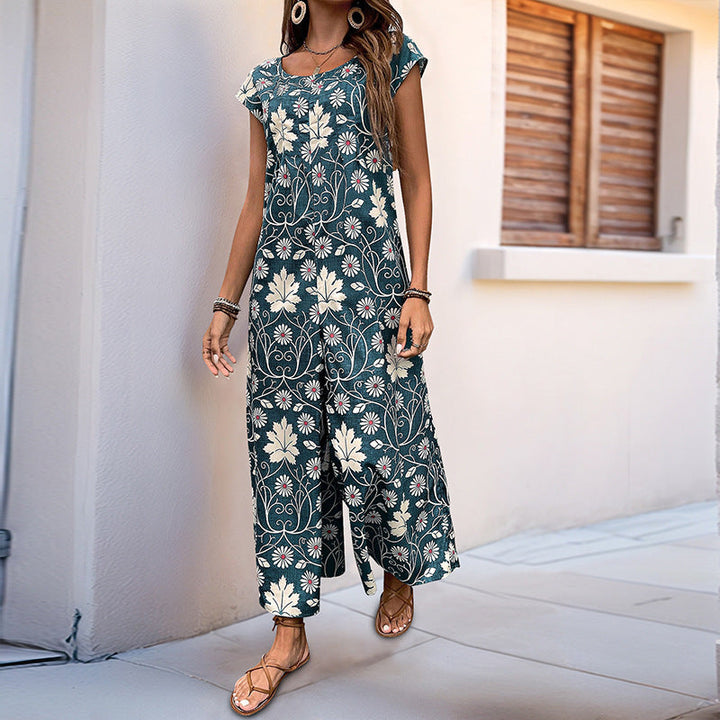 Damen Jumpsuit mit floralem Design und kastanienbraunem Bindegürtel W&W Mode