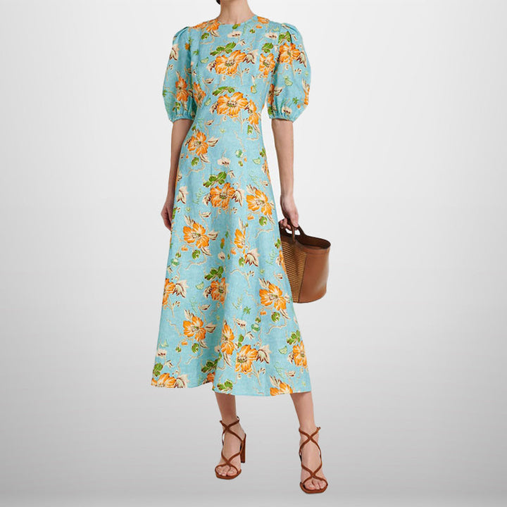 Damen Midikleid mit voluminösen Puffärmeln und floralem Muster W&W Mode