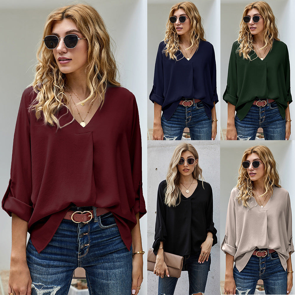 Damen Bluse mit V-Ausschnitt und lässigen langen Ärmeln W&W Mode