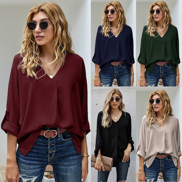Damen Bluse mit V-Ausschnitt und lässigen langen Ärmeln W&W Mode