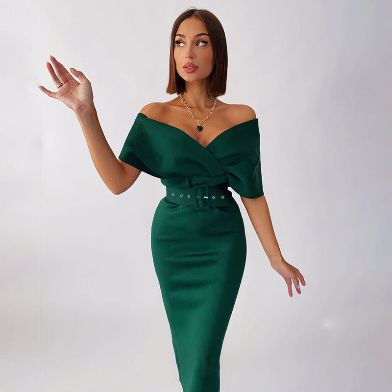 Damen langes Kleid mit V-Ausschnitt und langen Ärmeln