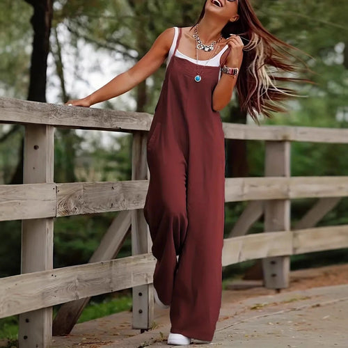Damen luftiger Jumpsuit mit praktischen Taschen und verstellbaren Trägern W&W Mode