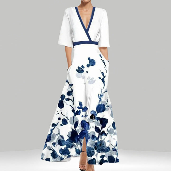 W&W Mode | Elegantes V-Ausschnitt bedrucktes Taillenkleid mit Schößchen