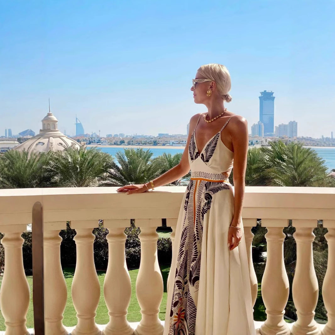 Damen elegantes Sommermaxikleid mit kunstvollem Blattmuster W&W Mode