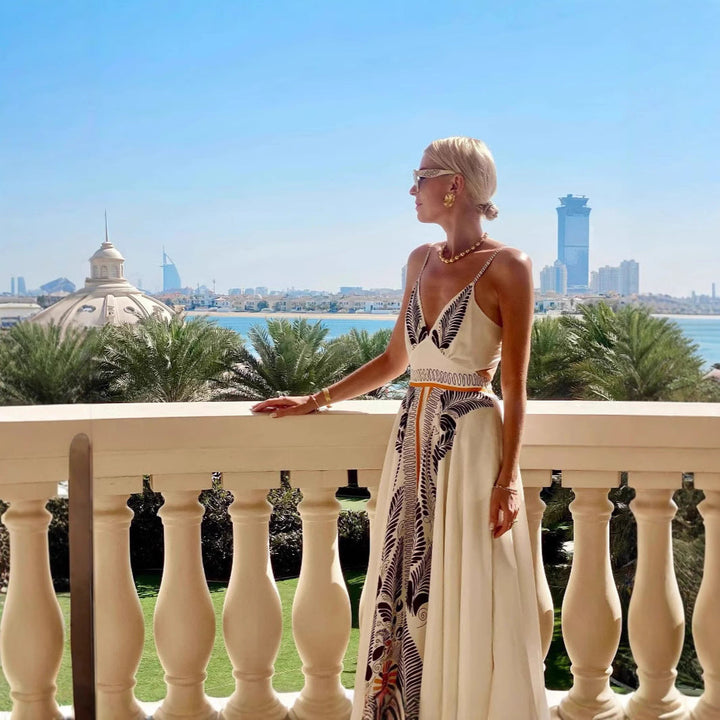Damen elegantes Sommermaxikleid mit kunstvollem Blattmuster W&W Mode