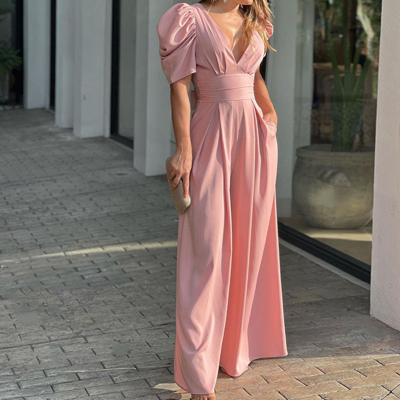 Damen Elegantes Jumpsuit mit voluminösen Puffärmeln und tiefem V-Ausschnitt W&W Mode
