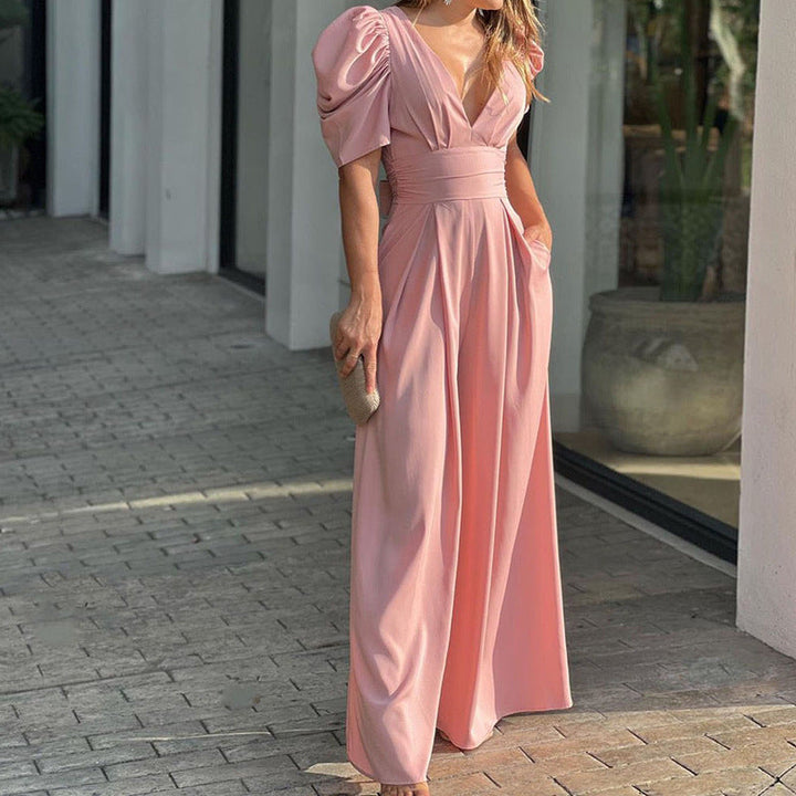 Damen Elegantes Jumpsuit mit voluminösen Puffärmeln und tiefem V-Ausschnitt W&W Mode