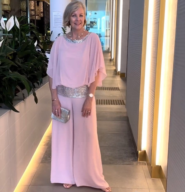 Damen elegante Jumpsuit mit schimmerndem Taillenbund W&W Mode