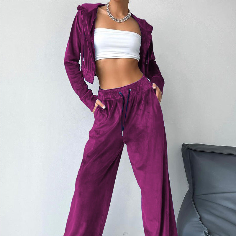 Damen Sportliches Freizeit-Set mit lässiger Kapuzenjacke und weit geschnittenen Hosen W&W Mode