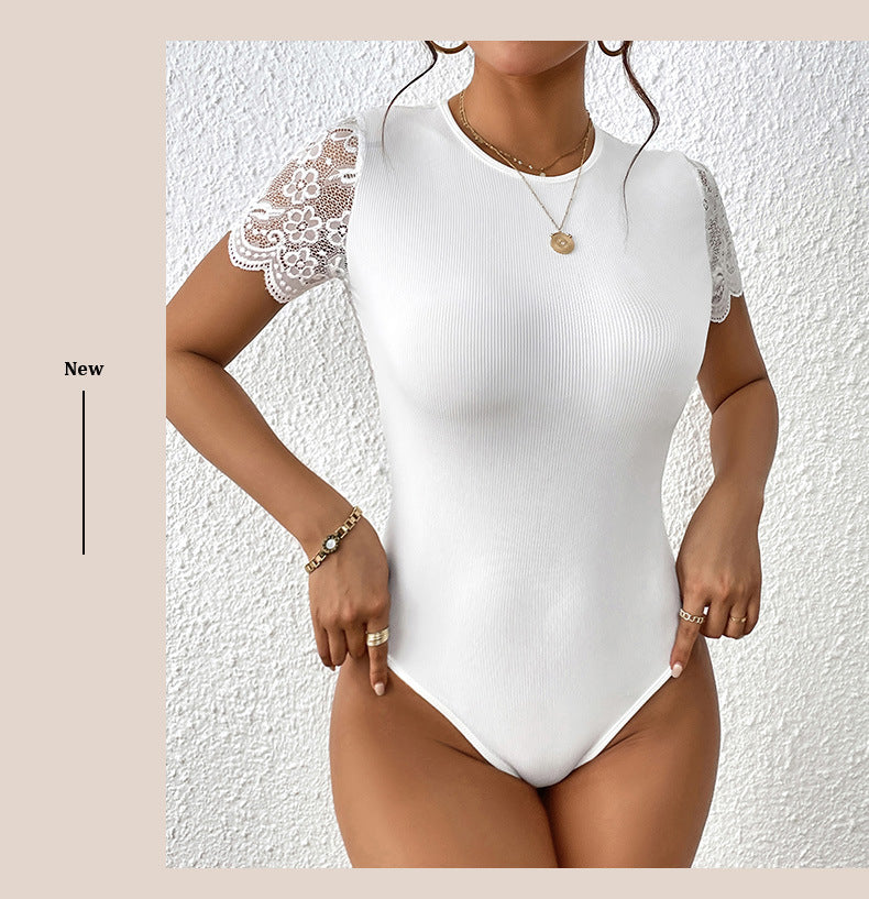 Damen Spitzen-Bodysuit mit kurzen Ärmeln und elegantem Rippdesign W&W Mode