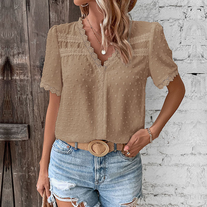 Damen Kurzarmbluse mit Spitzenbesatz und strukturiertem Design W&W Mode