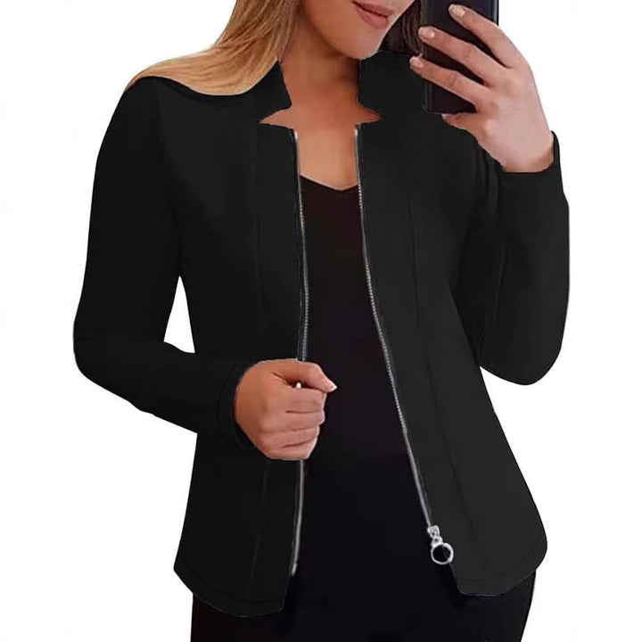 Damen modische und elegante Bikerjacke mit figurbetonendem Schnitt und hohem Kragen W&W Mode
