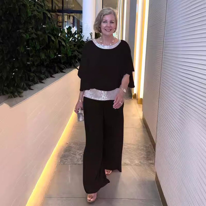 Damen elegante Jumpsuit mit schimmerndem Taillenbund W&W Mode