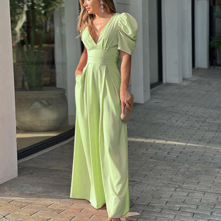 Damen Puffärmel Jumpsuit mit tiefem V-Ausschnitt und weiten Beinen W&W Mode