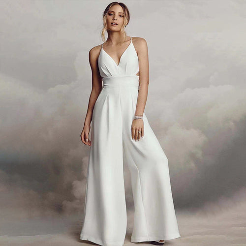 Damen Jumpsuit mit V-Ausschnitt, Spaghettiträgern und weitem Bein