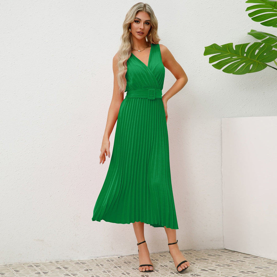 Damen Plissee Maxikleid mit taillierbarem Gürtel und elegantem V-Ausschnitt W&W Mode