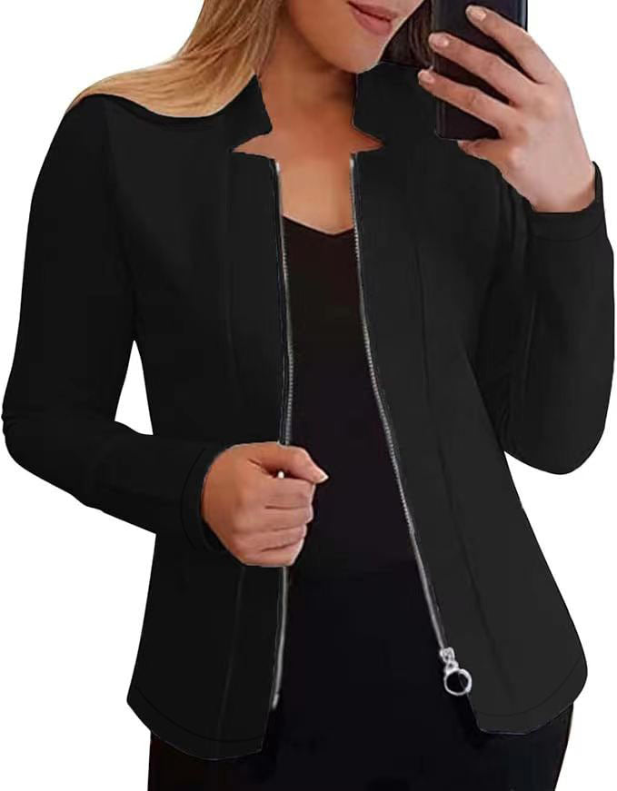 Damen modische und elegante Bikerjacke mit figurbetonendem Schnitt und hohem Kragen W&W Mode