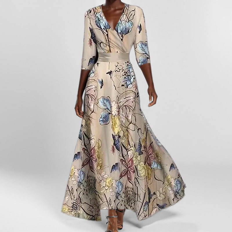 W&W Mode | Elegantes V-Ausschnitt bedrucktes Taillenkleid mit Schößchen