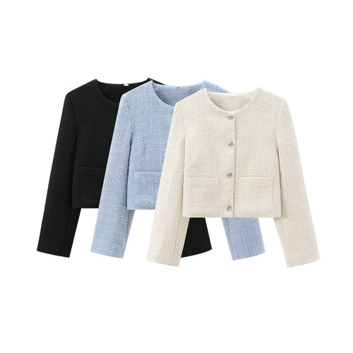 Damen kurz geschnittene Designer-Jacke mit strukturiertem Stoff W&W Mode