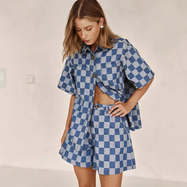 Damen Karierter Hemden-Set aus Denim W&W Mode