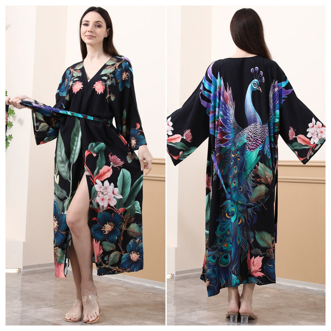 Damen Kimono mit buntem Pfauenmotiv und weitem Schnitt W&W Mode