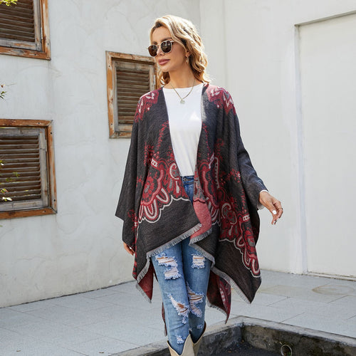 Damen Eleganter Kimono-Poncho mit kunstvollem Muster und fransigen Kanten W&W Mode