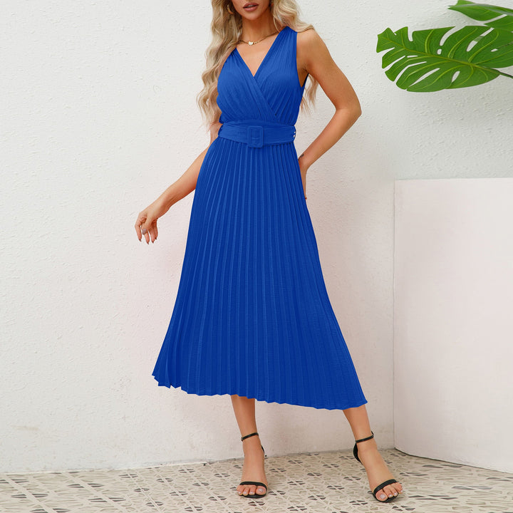 Damen Plissee Maxikleid mit taillierbarem Gürtel und elegantem V-Ausschnitt W&W Mode