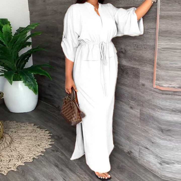 Damen Maxikleid mit Taillierung und offenem Kragen W&W Mode