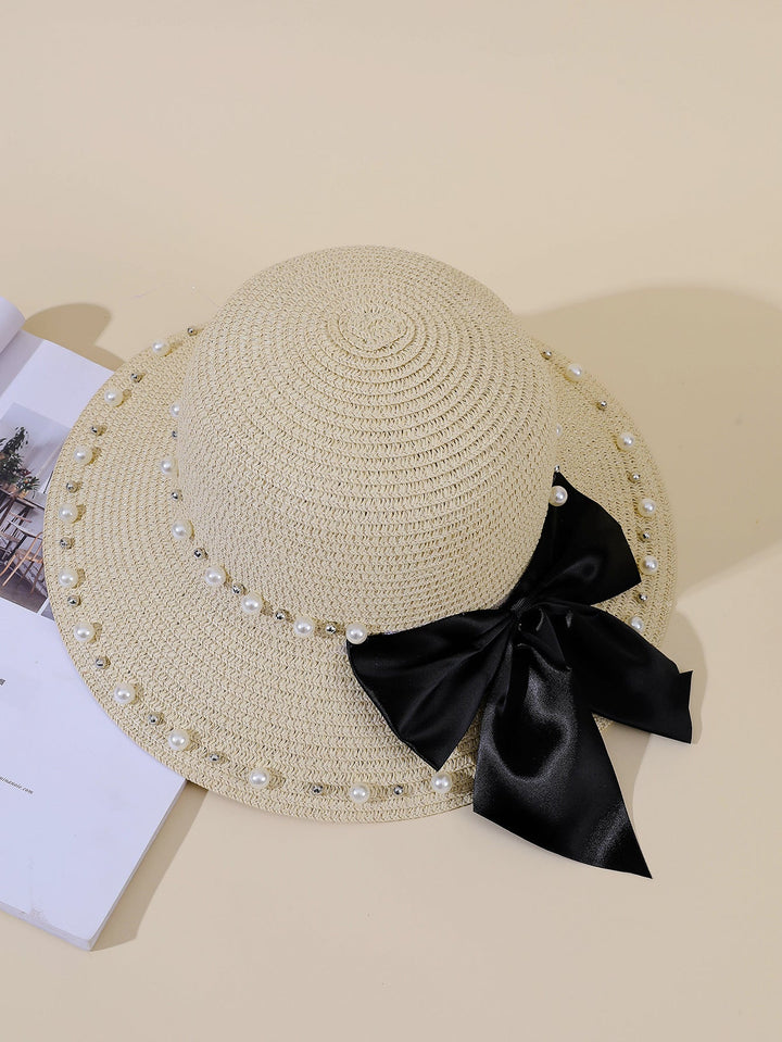 Damen Eleganter Strohhut mit breiter Krempe und dekorativem Satinband W&W Mode