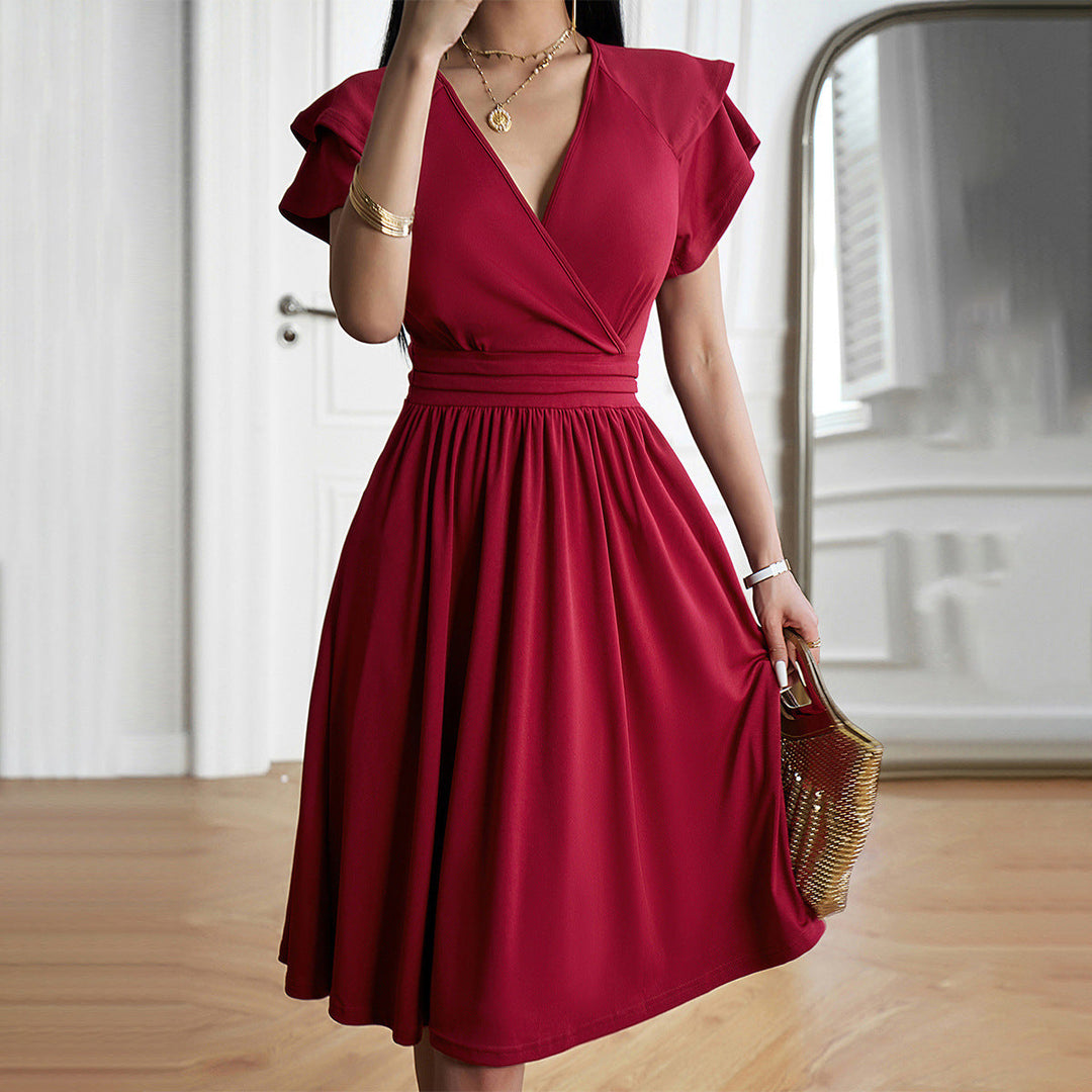 W&W Mode | V-neck Solid Color Short Sleeve Dress for Women