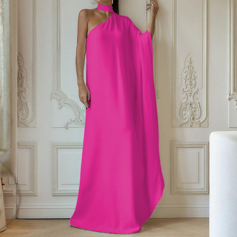 Damen elegantes One-Shoulder Abendkleid mit fließendem Stoff und schickem Kragen W&W Mode