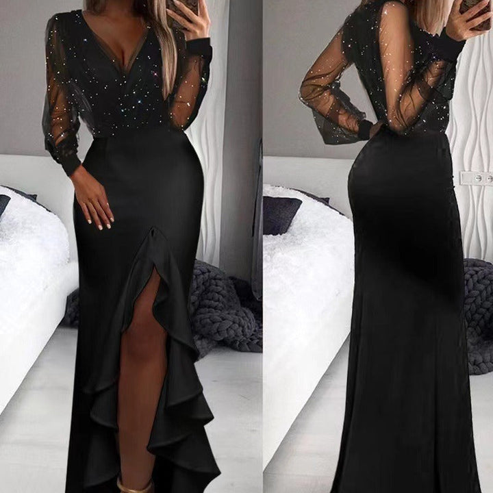 Damen langes Abendkleid mit V-Ausschnitt und langen Ärmeln