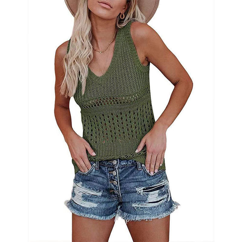 Damen luftiges Stricktop mit V-Ausschnitt und feinen Lochmustern W&W Mode