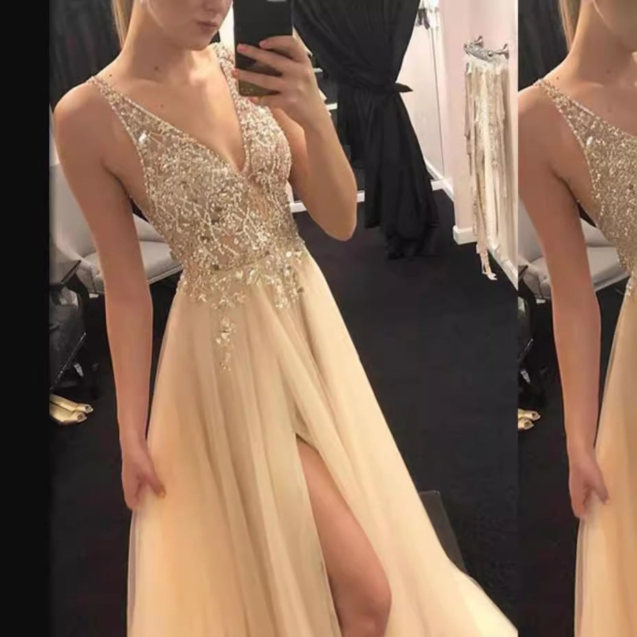 Damen-Abendkleid mit tiefem V-Ausschnitt, Pailletten und langem Rock